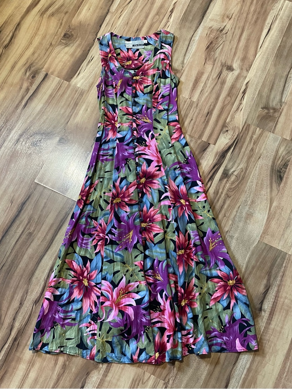 VTG 90s Joni Blair Floral Maxi Dress Button Front Sleeveless Tropical Rayon Sz 5